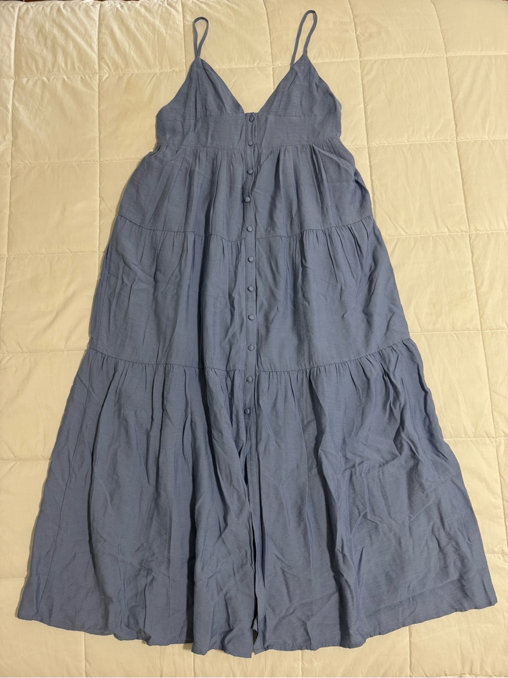 Spaghetti-Strap Light Blue Tiered Maxi Dress with Front Buttons